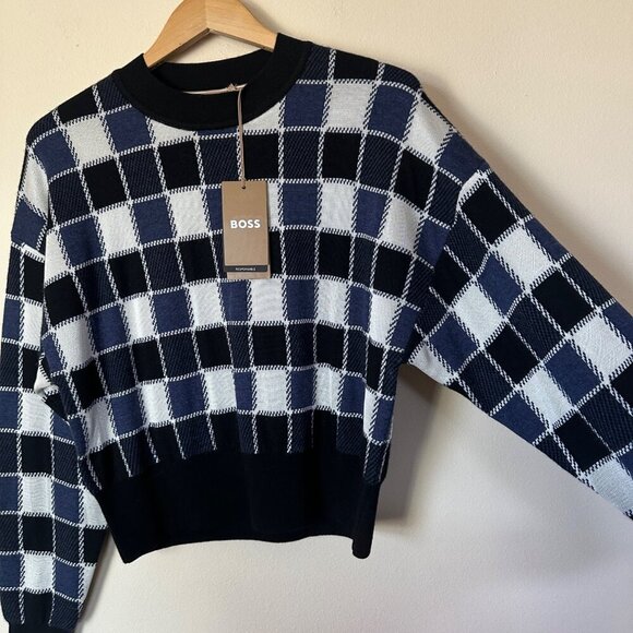 Hugo Boss Fiametta Checker Sweater Womens Size L Drop Shoulder Crewneck Wool - Picture 6 of 13